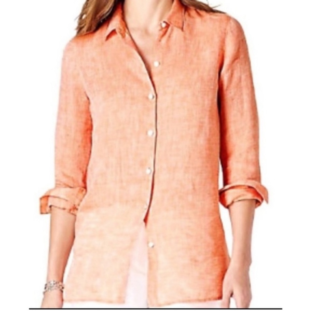 J Jill Love Linen Essential Button Down Tunic Orange Medium — READ